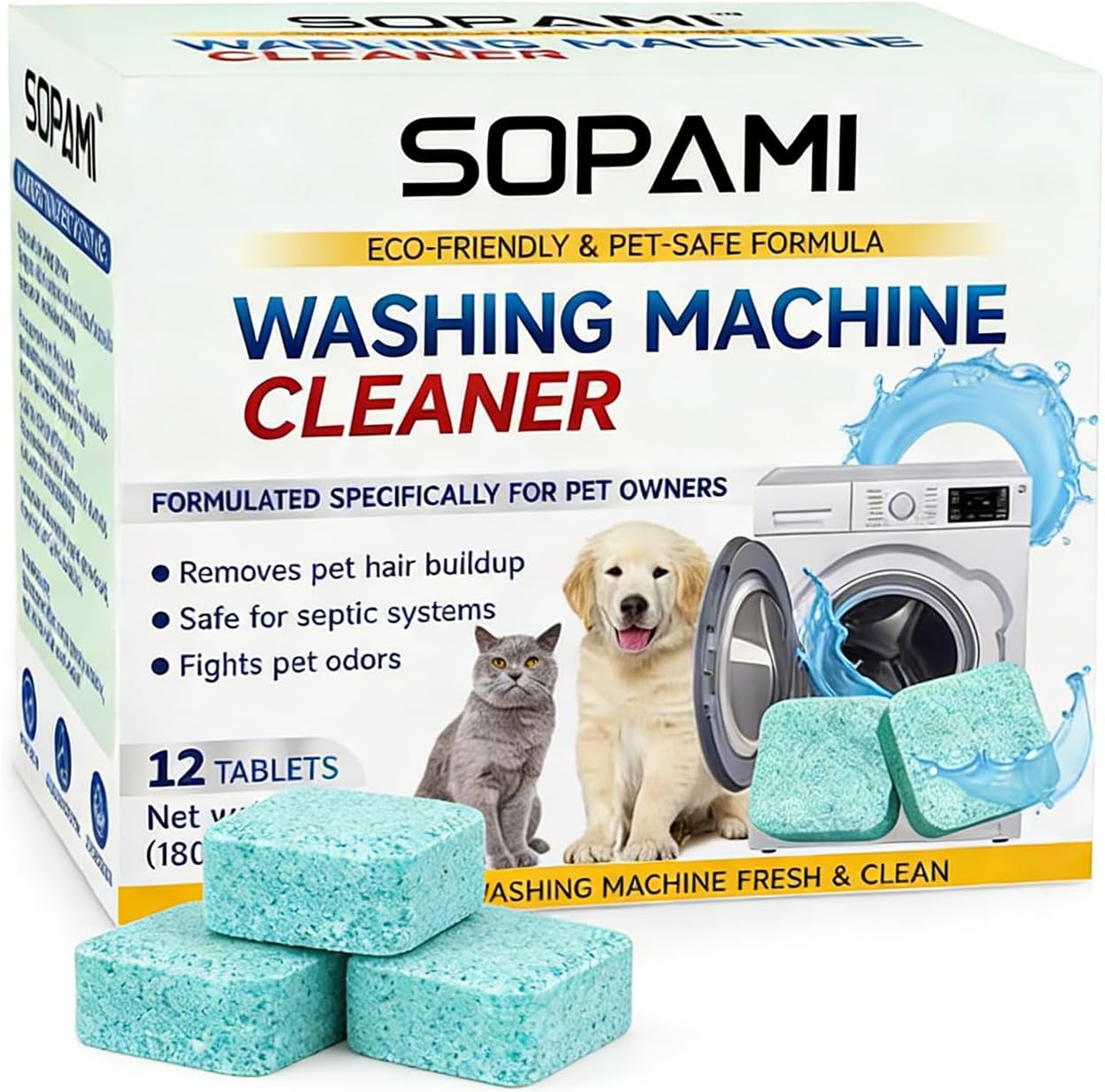 SOPAMI Washing Machine Cleaner Tablets 24-Pack for HE, Front & Top Load Washers - Fragrance Free, Septic Safe, Removes Odors, Mold & Residue
