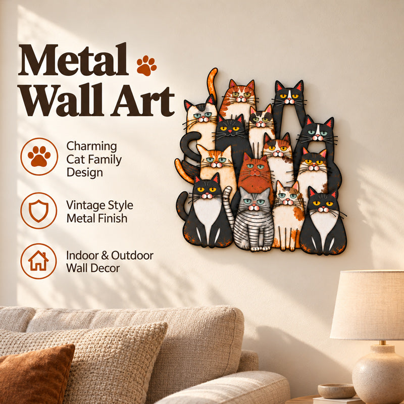 Whimsical Cat Family Metal Wall Art for Cat Lovers