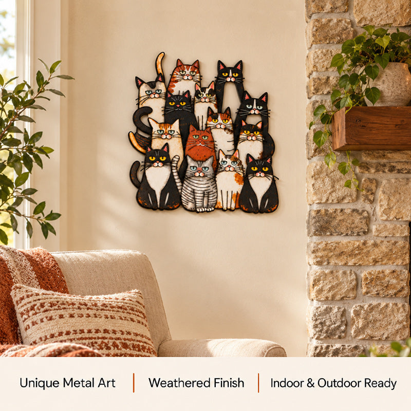Whimsical Cat Family Metal Wall Art for Cat Lovers