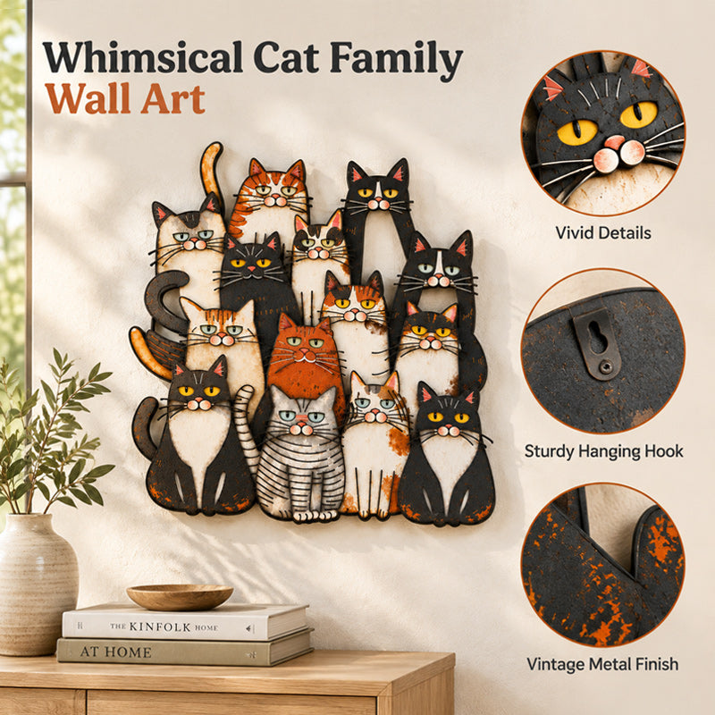 Whimsical Cat Family Metal Wall Art for Cat Lovers