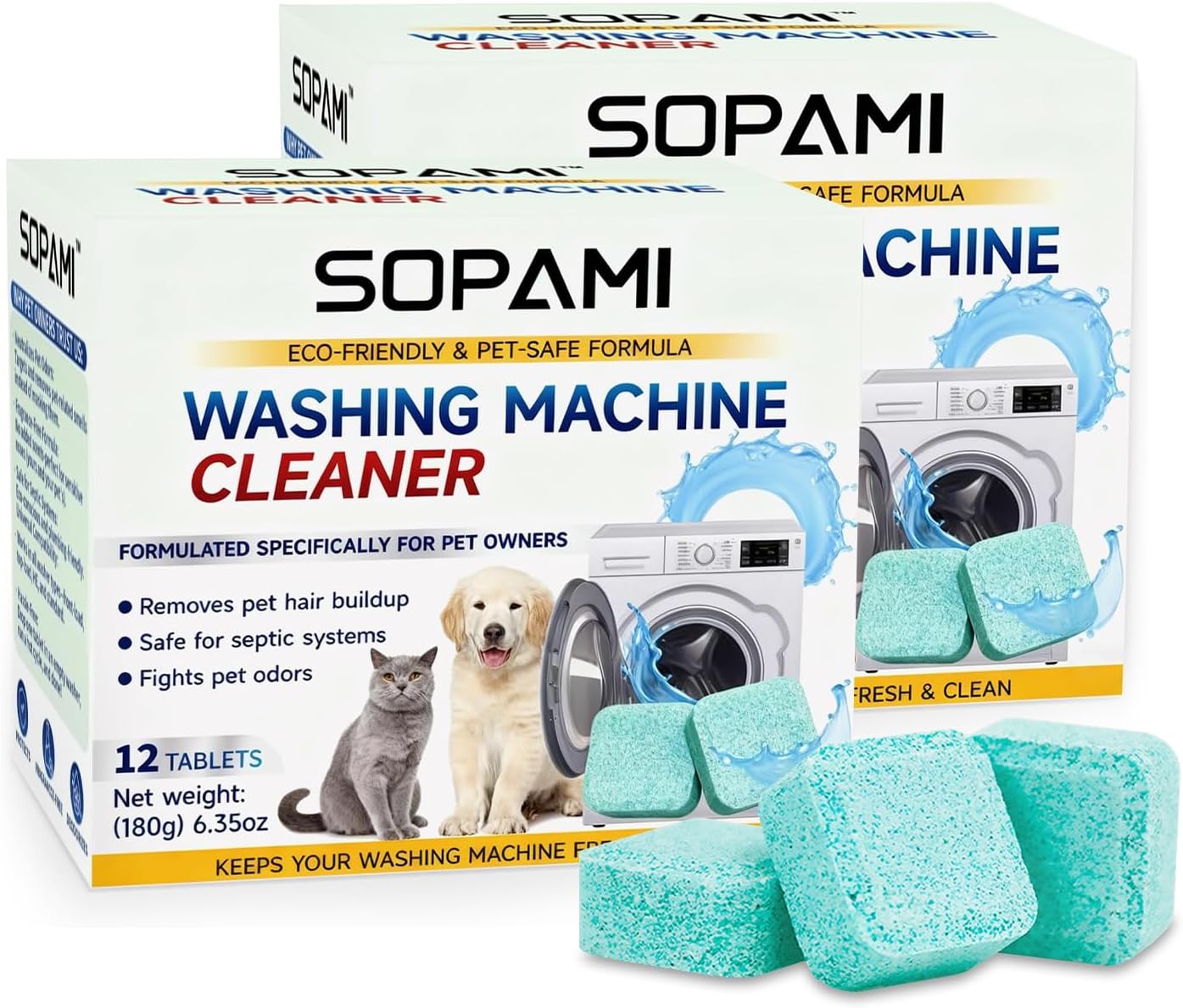 SOPAMI Washing Machine Cleaner Tablets 24-Pack for HE, Front & Top Load Washers - Fragrance Free, Septic Safe, Removes Odors, Mold & Residue