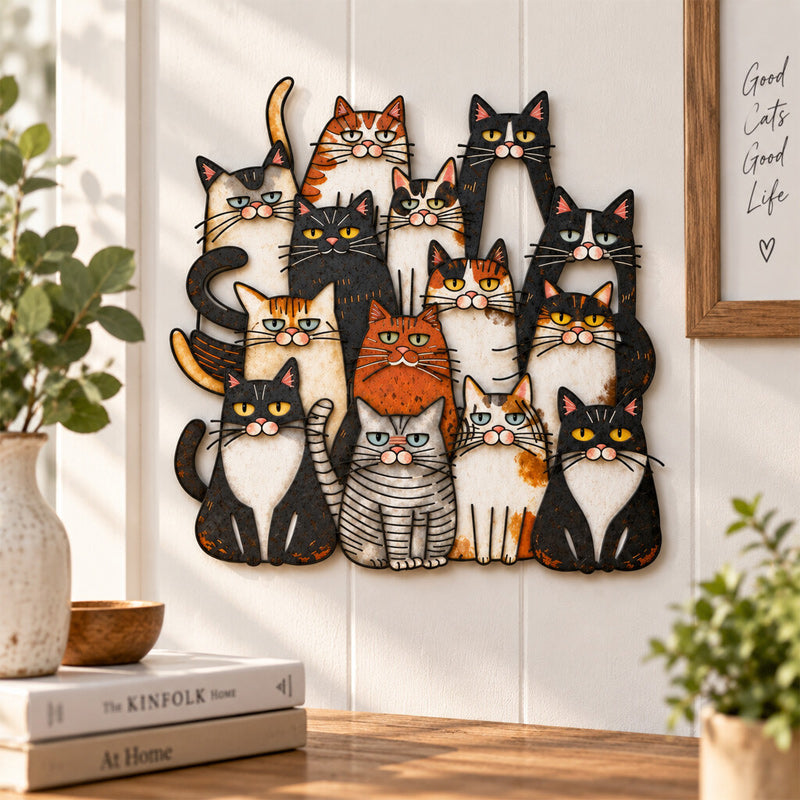 Whimsical Cat Family Metal Wall Art for Cat Lovers